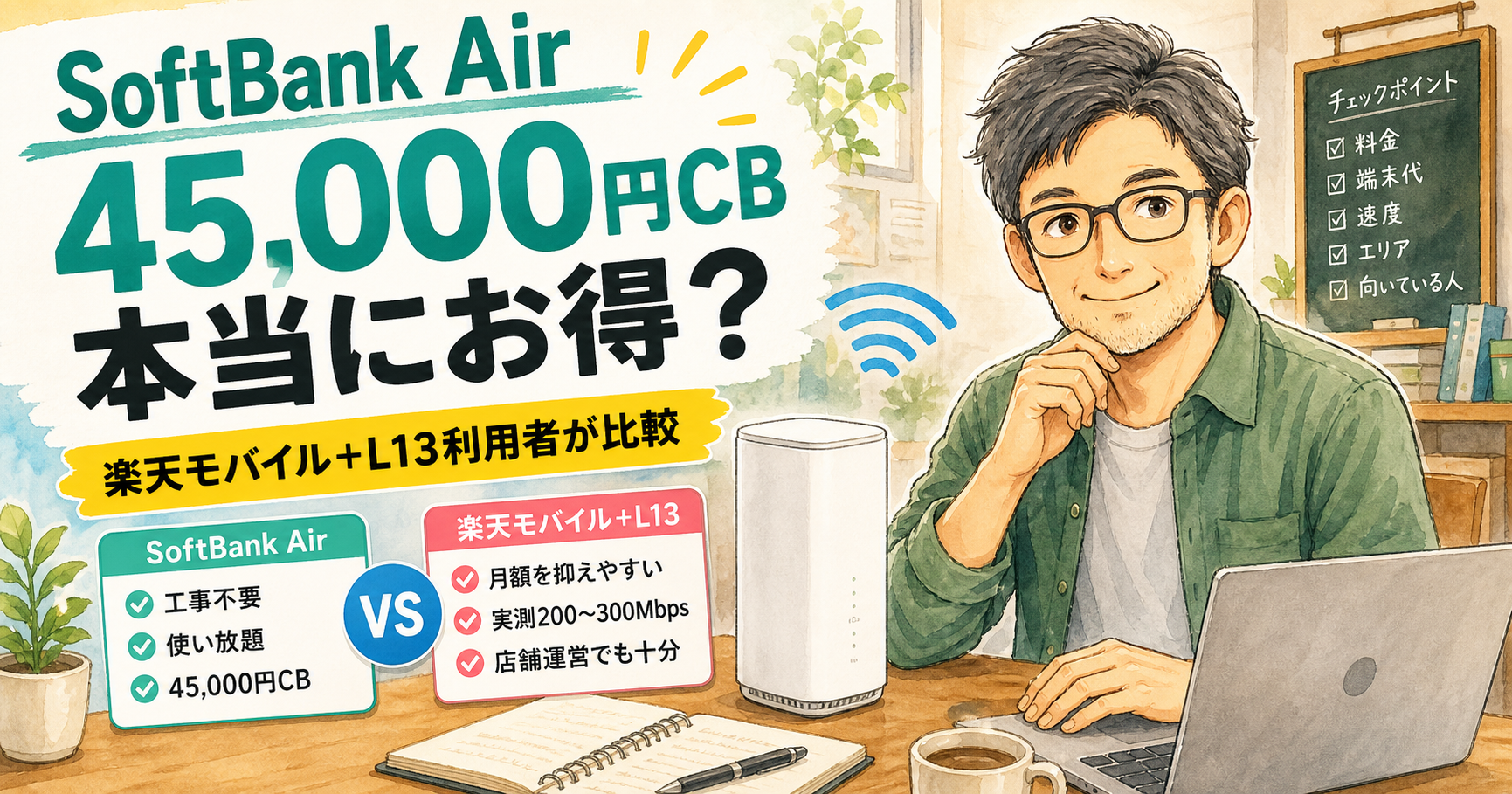 SoftBank Airのキャッシュバックや申込条件を紹介する記事向けの画像。商品やサービスの特徴、選び方、使用場面を自然な日本語で伝える参考イメージです。
