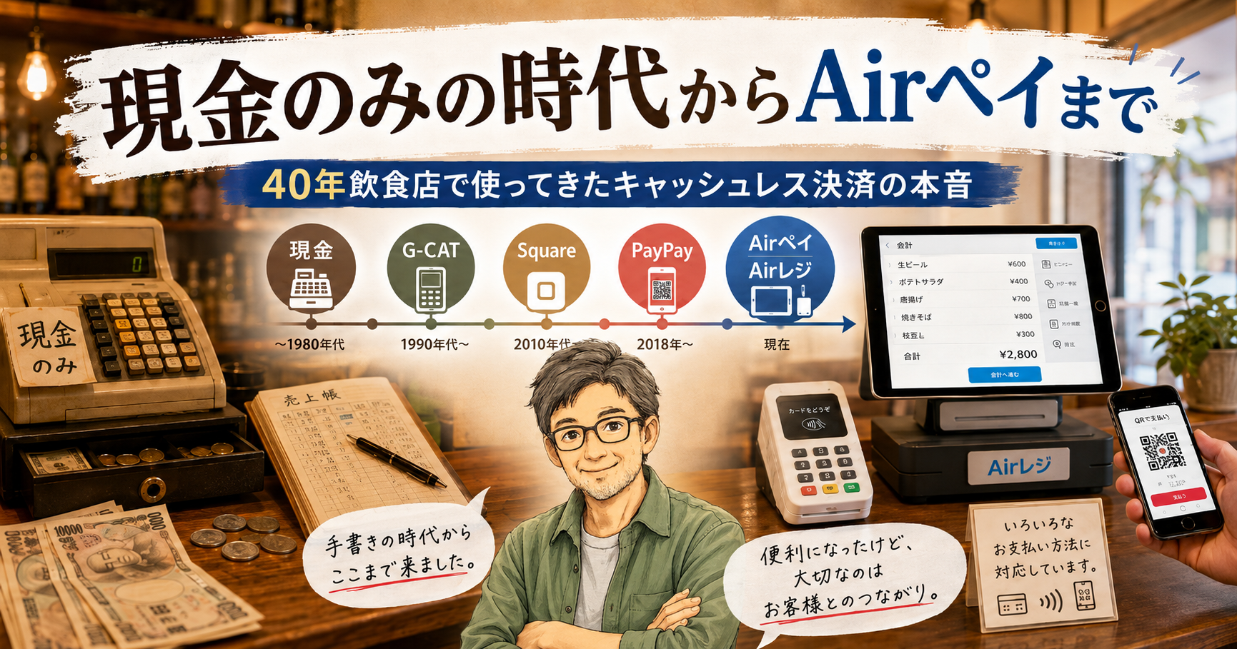 飲食店のキャッシュレス決済や店舗運営をイメージした画像。「現金のみの時代からAirペイまで｜40年飲食店で使ってきたキャッシュレス決済の本音」の記事で、特徴や選び方、実際に使った感想を読者に伝えるために使用しています。