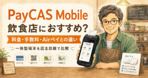 飲食店のキャッシュレス決済や店舗運営をイメージした画像。「PayCAS Mobileは飲食店におすすめ？Airペイ利用中の店主が料金・手数料を比較」の記事で、特徴や選び方、実際に使った感想を読者に伝えるために使用しています。