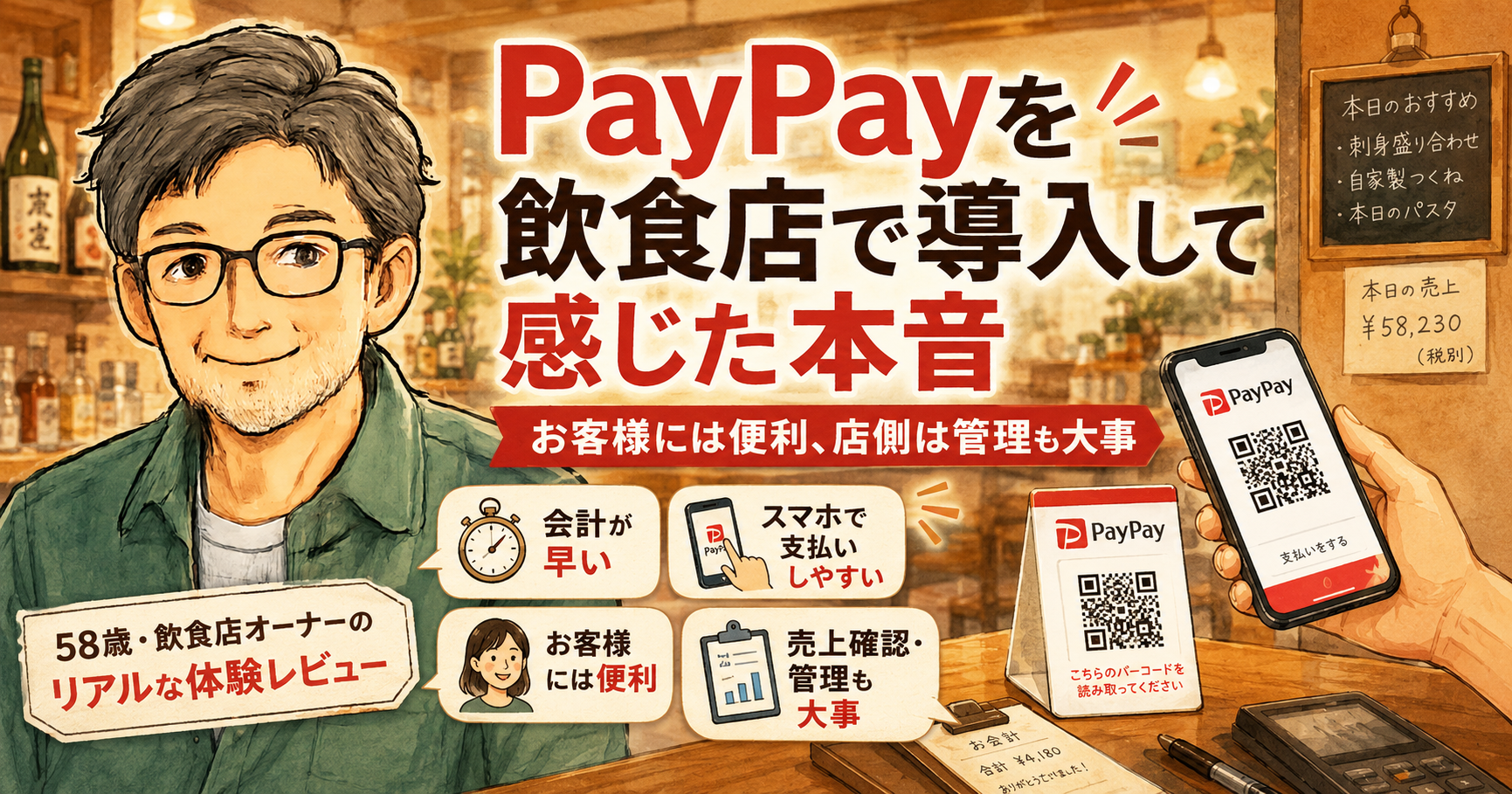 飲食店のキャッシュレス決済や店舗運営をイメージした画像。「飲食店でPayPayを導入して感じた本音｜お客様には便利、店側は管理も大事」の記事で、特徴や選び方、実際に使った感想を読者に伝えるために使用しています。