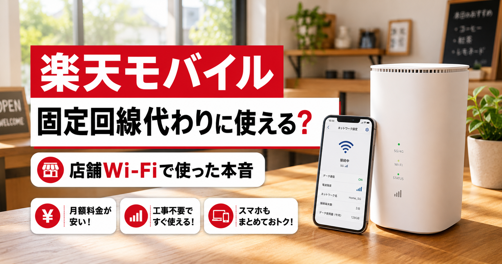 飲食店のキャッシュレス決済や店舗運営をイメージした画像。「楽天モバイルは固定回線代わりに使える？店舗Wi-Fiで使って感じたメリット・注意点」の記事で、特徴や選び方、実際に使った感想を読者に伝えるために使用しています。