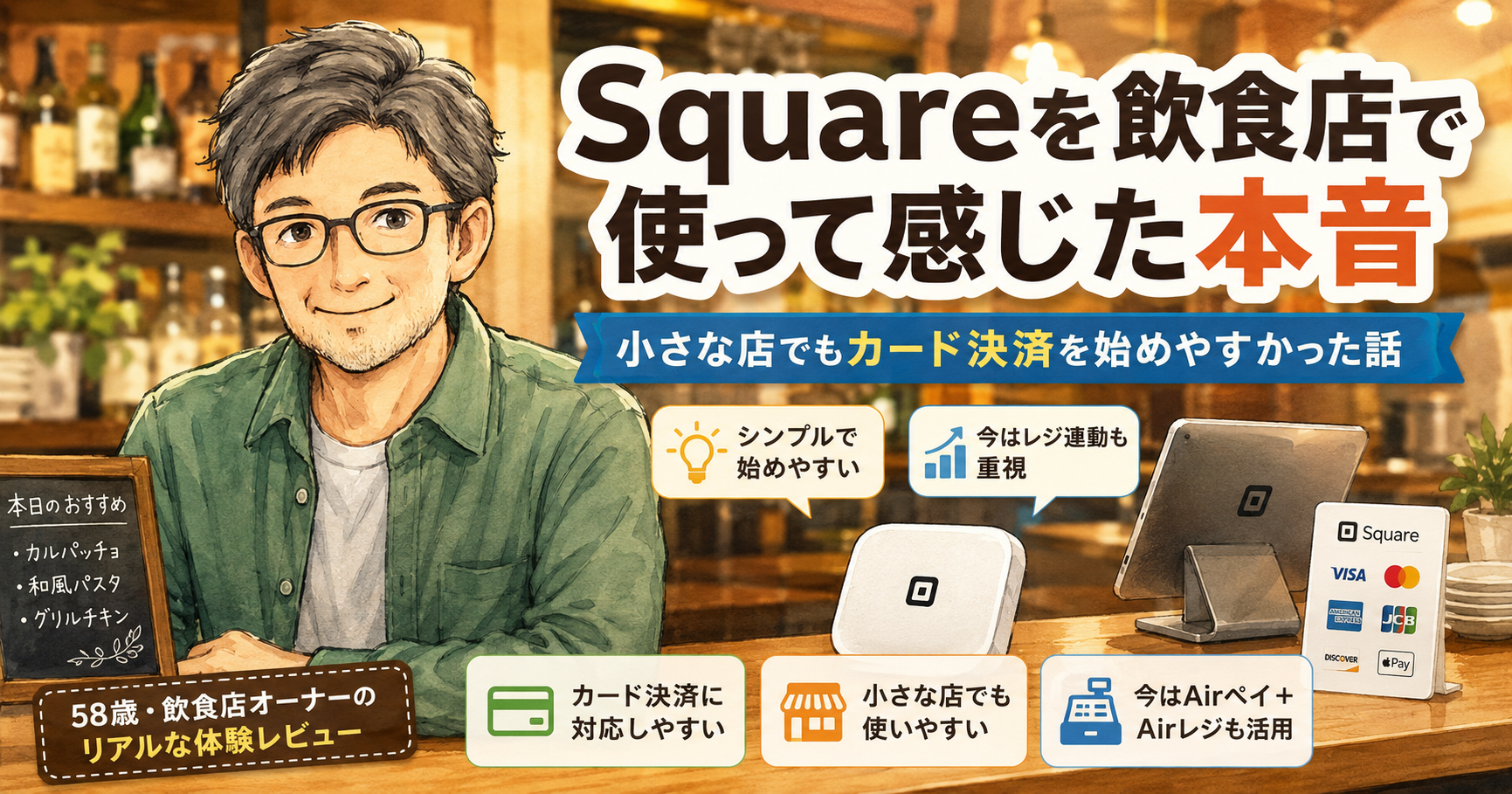 飲食店のキャッシュレス決済や店舗運営をイメージした画像。「Squareを飲食店で使って感じた本音｜小さな店でもカード決済を始めやすかった話」の記事で、特徴や選び方、実際に使った感想を読者に伝えるために使用しています。